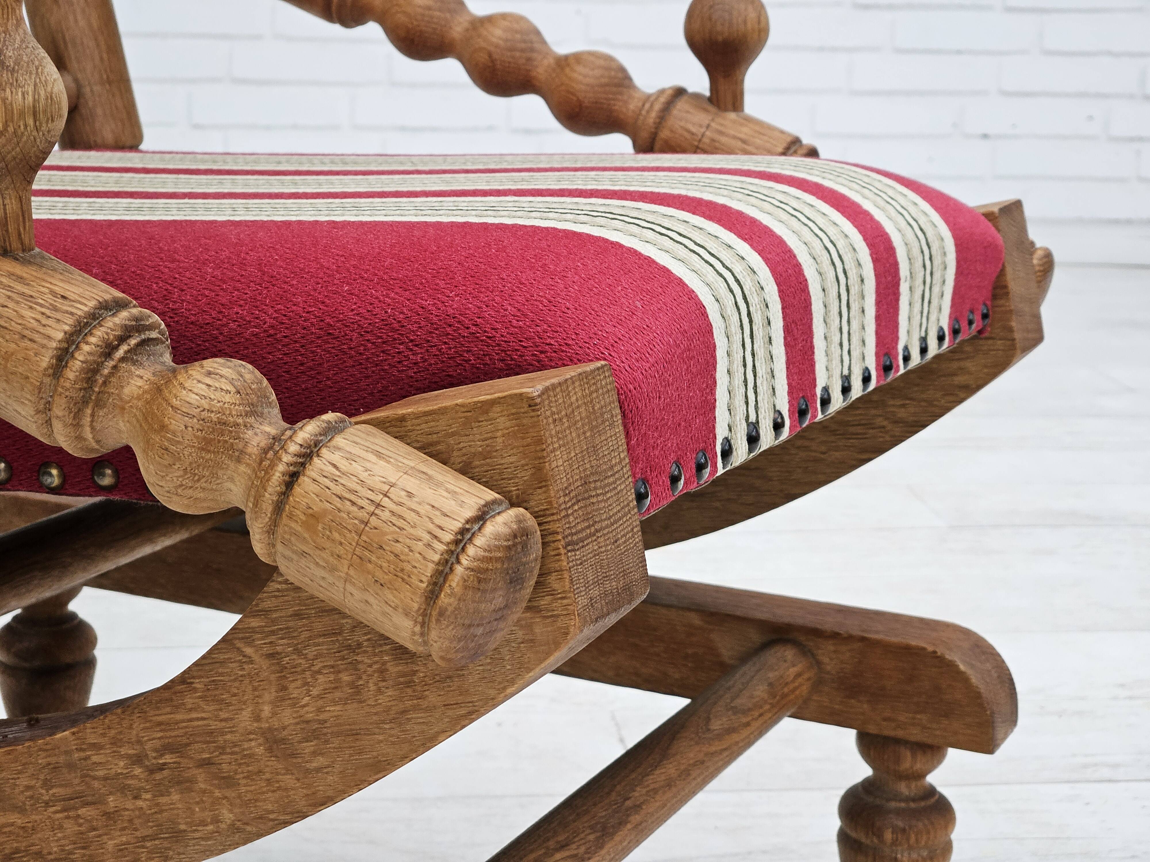 1970s, Danish highback rocking chair, oak wood, furniture wool, original condition.