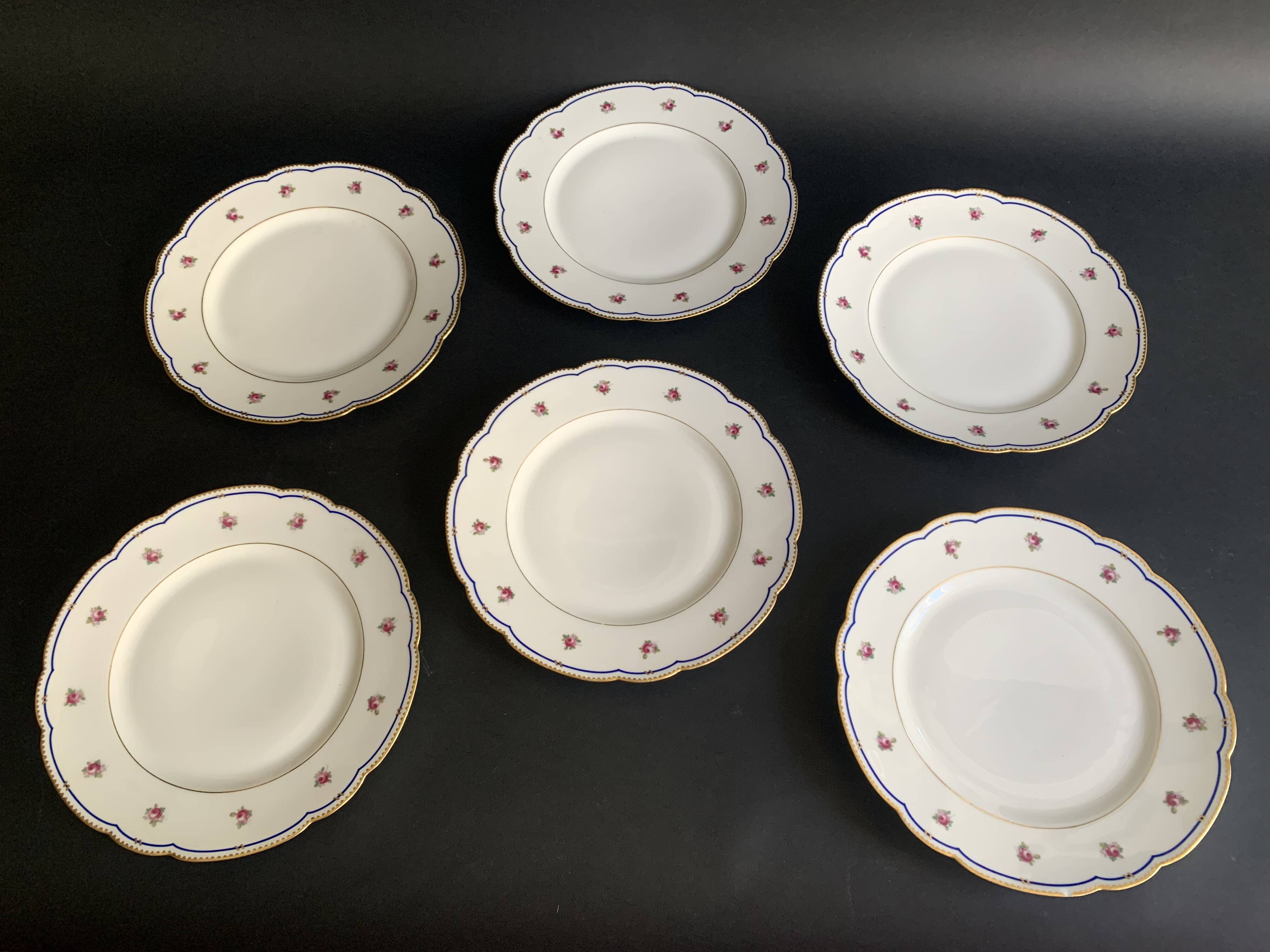 6 Paris porcelain plates, "A la Reine" model, 1890, Damon