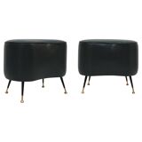 Pair of Italian Footstools in Solid Wood and Green Faux Leather, Italy, 1960s