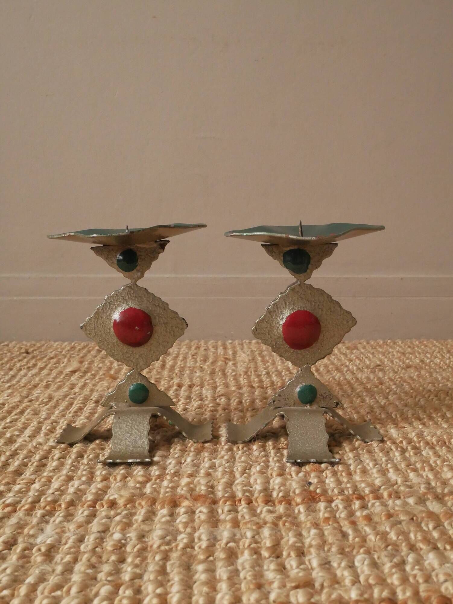 Pair of painted metal candle holders artisanal handmade wrought iron candelabra candlestick