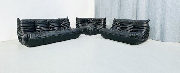 Ensemble de salon Togo français en cuir noir par Michel Ducaroy pour Ligne Roset, ensemble de 3 pièces