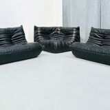 French Togo living room set in black leather by Michel Ducaroy for Ligne Roset, set of 3