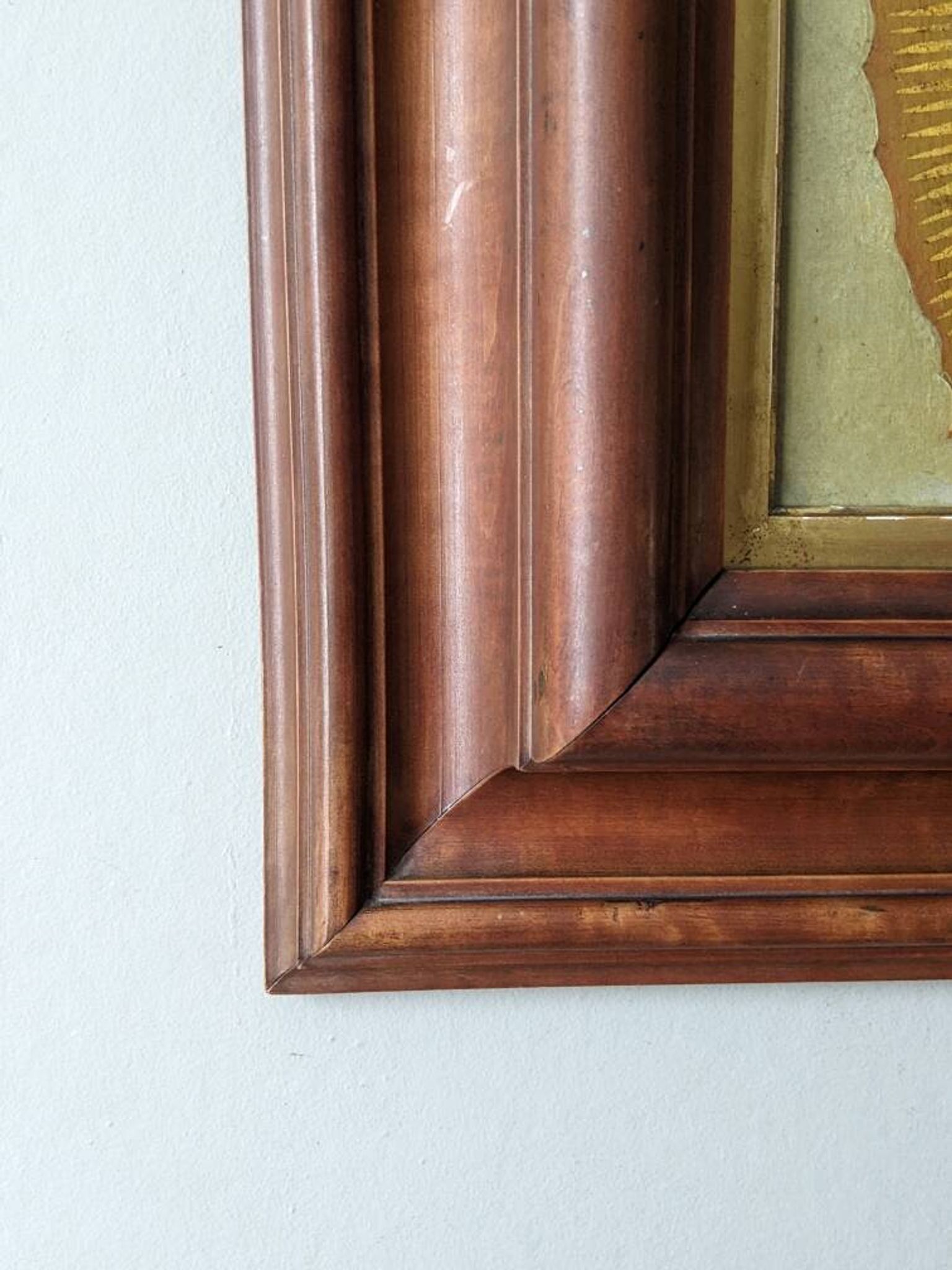 Religious tableau of the Virgin, painting on metal with a handcrafted wooden frame.