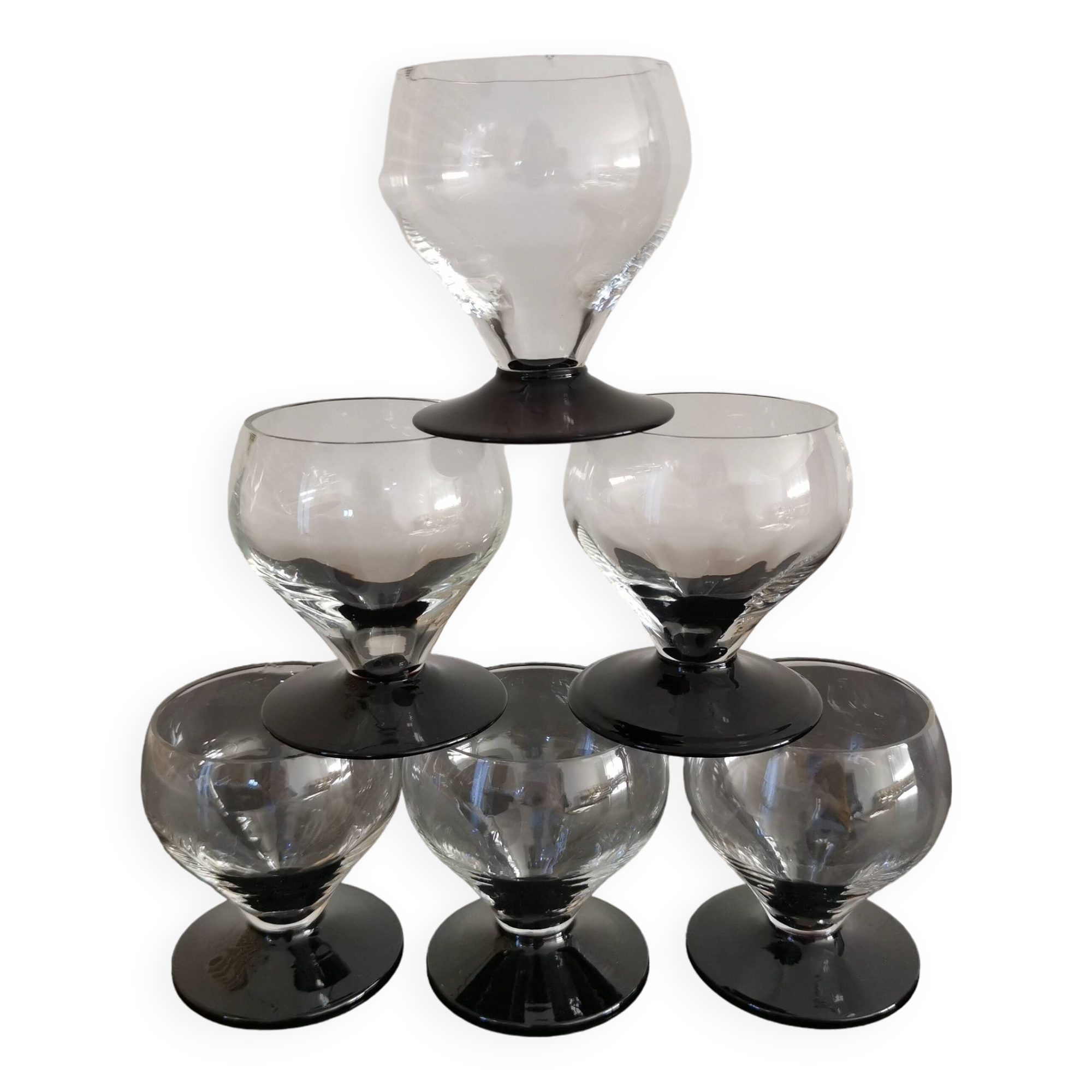 6 small retro smoked burgundy stemmed glasses