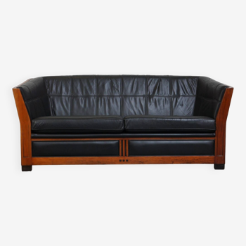 Canapé 2,5 places unique au design Art déco en cuir noir et bois avec une apparence époustouflante