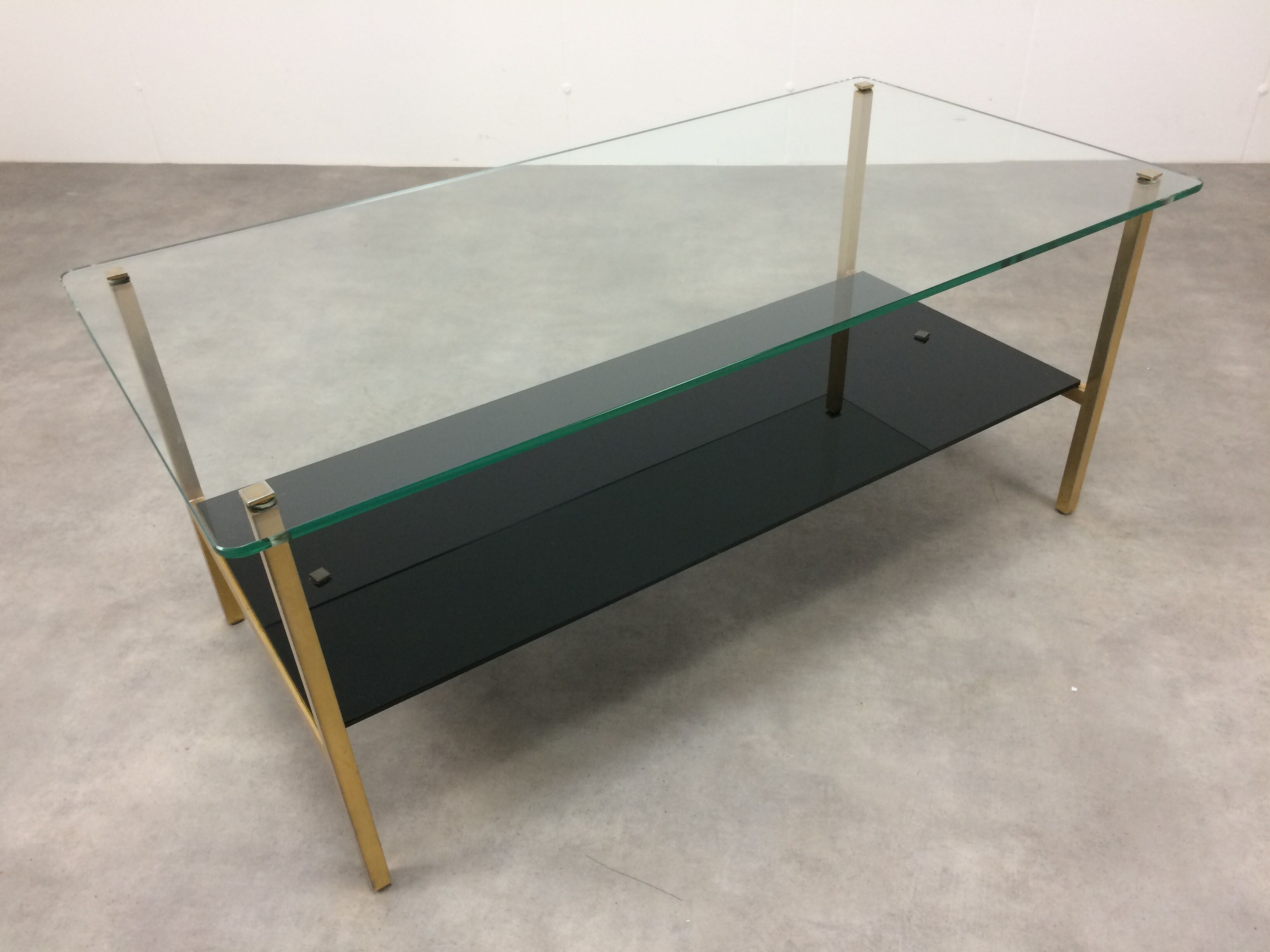 Coffee table 50s black glass and gold metal