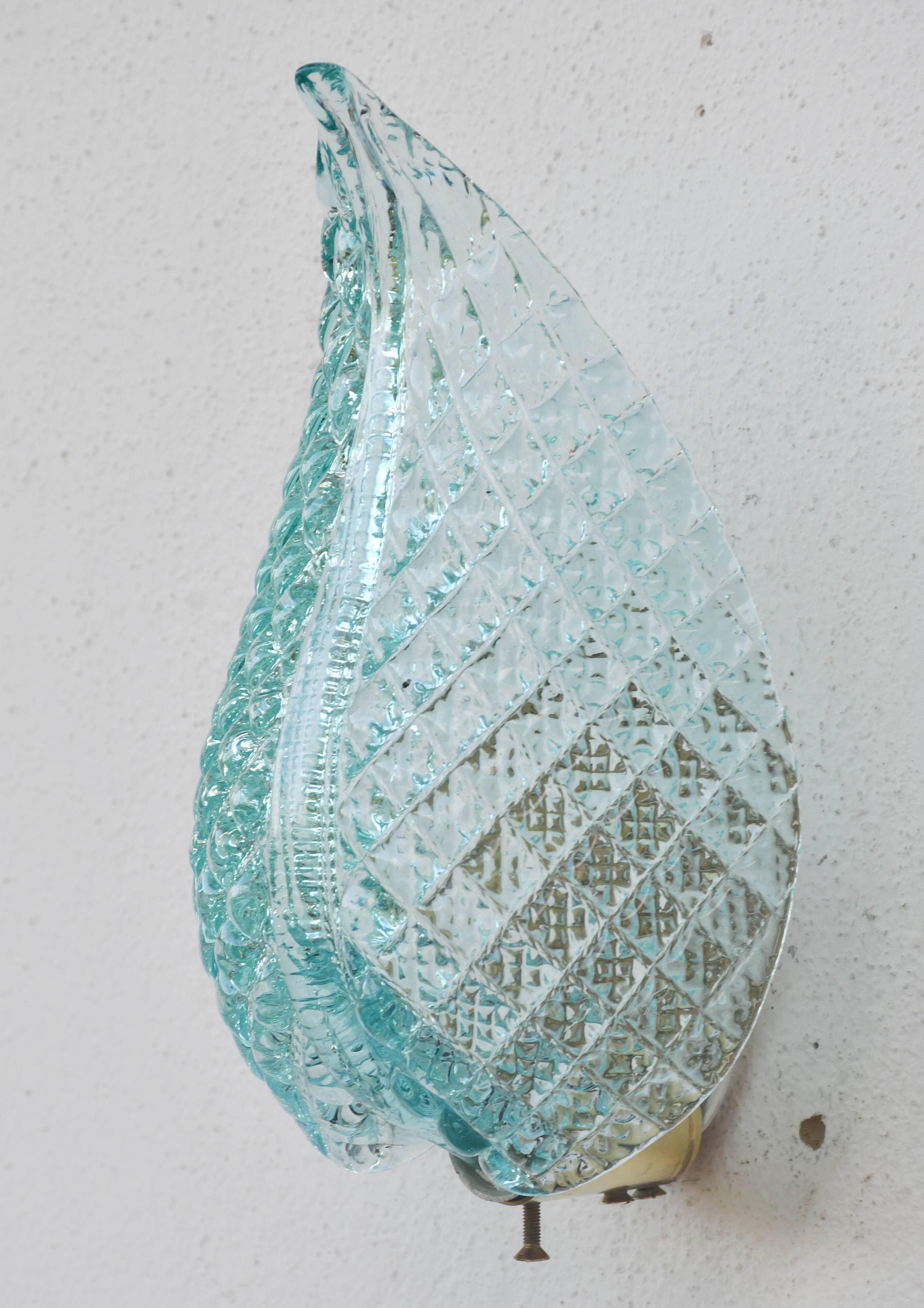 Set of 2 Rare Wall light Blue Jewel Murano Glass Leave by Barovier e Toso, 1950s