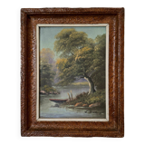 Oil on panel riverside landscape by J. Audry 20th century