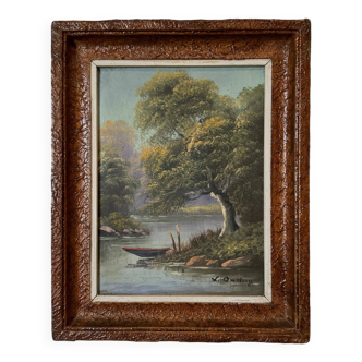 Oil on panel riverside landscape by J. Audry 20th century