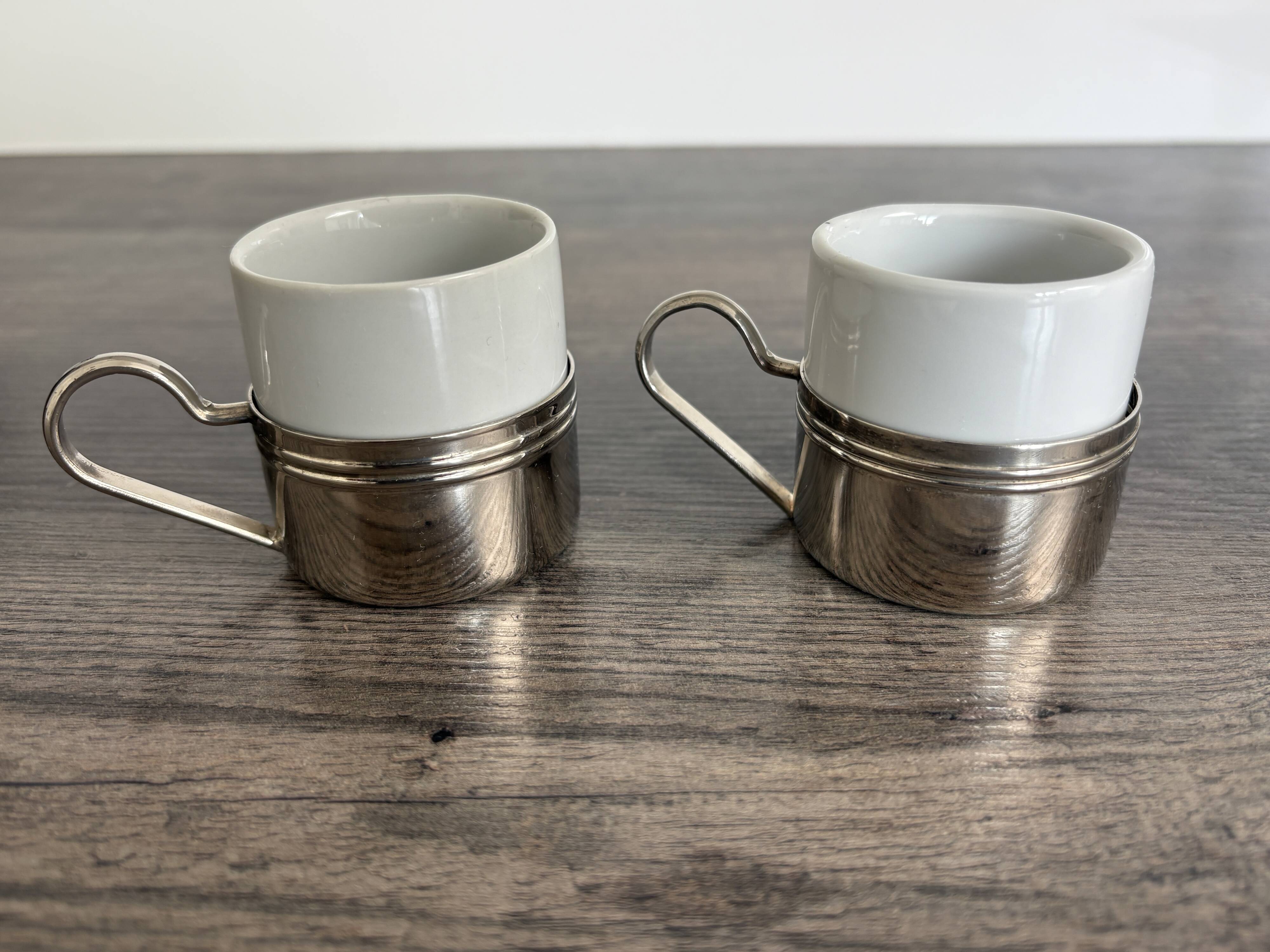 Set of 2 vintage porcelain cups with silver metal stand