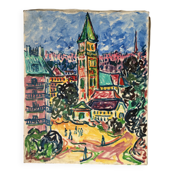 "The church" oil on canvas signed Armand Bouvier