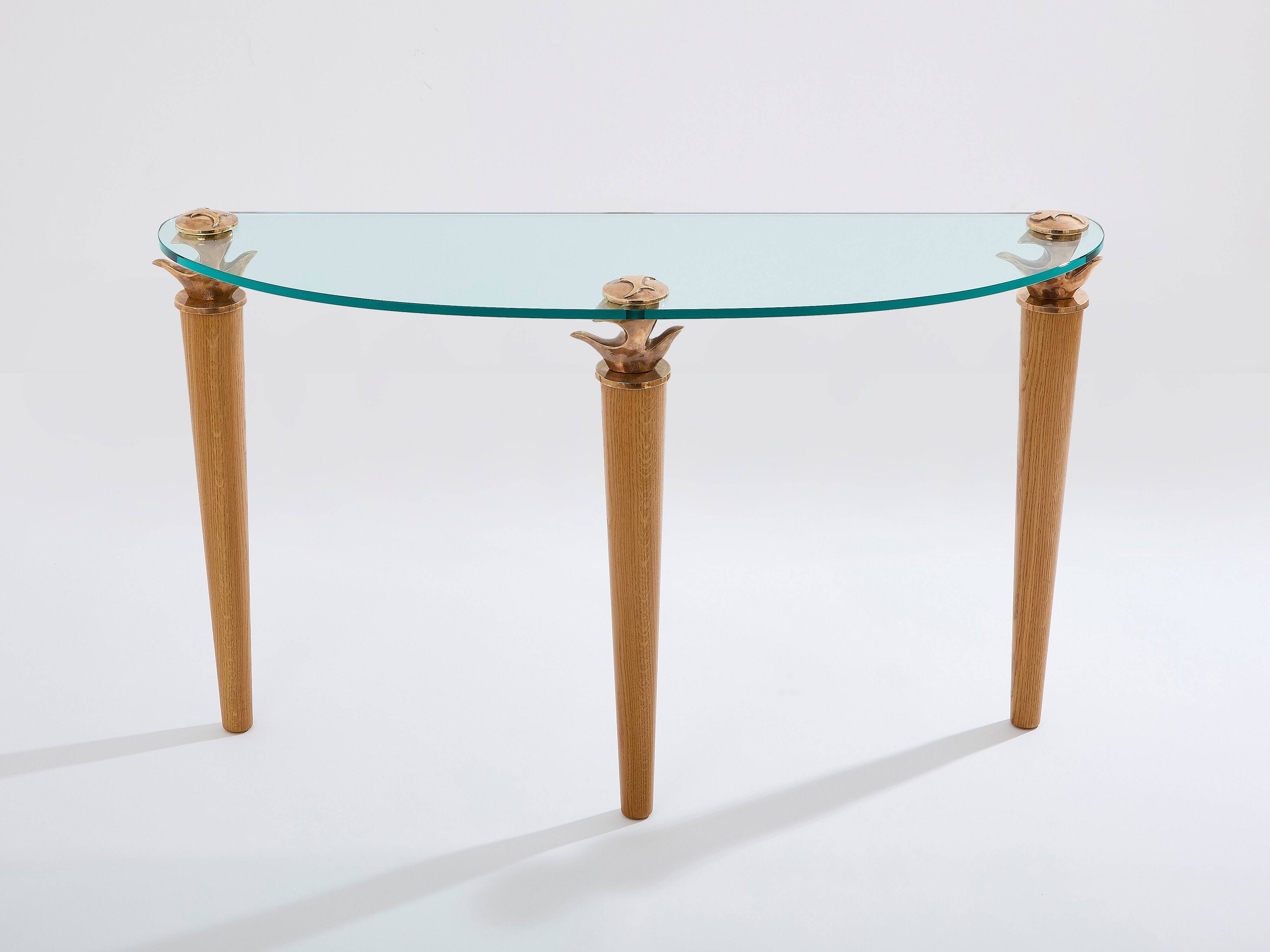 Console chêne massif et bronze verre signée Garouste & Bonetti 1995