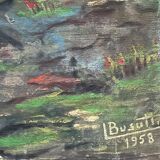 Peinture à l'huile représentant une scène de rivière vintage