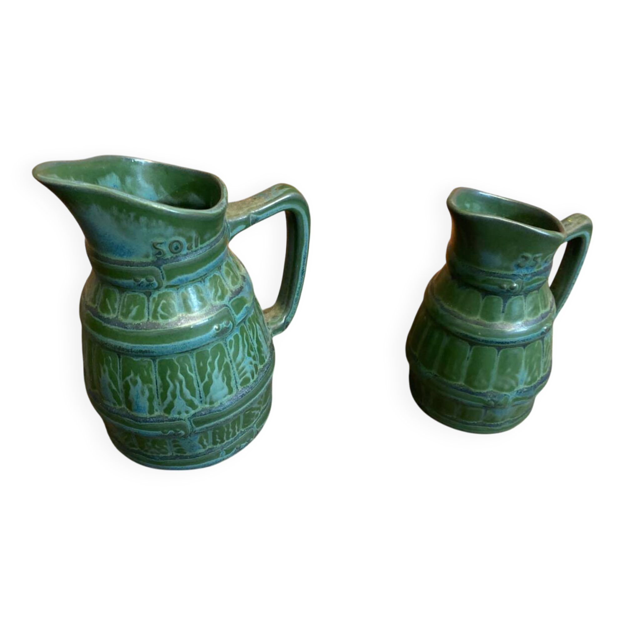 Pair of Vintage 70s Green Glazed Ceramic Barrel-Shaped Jugs
