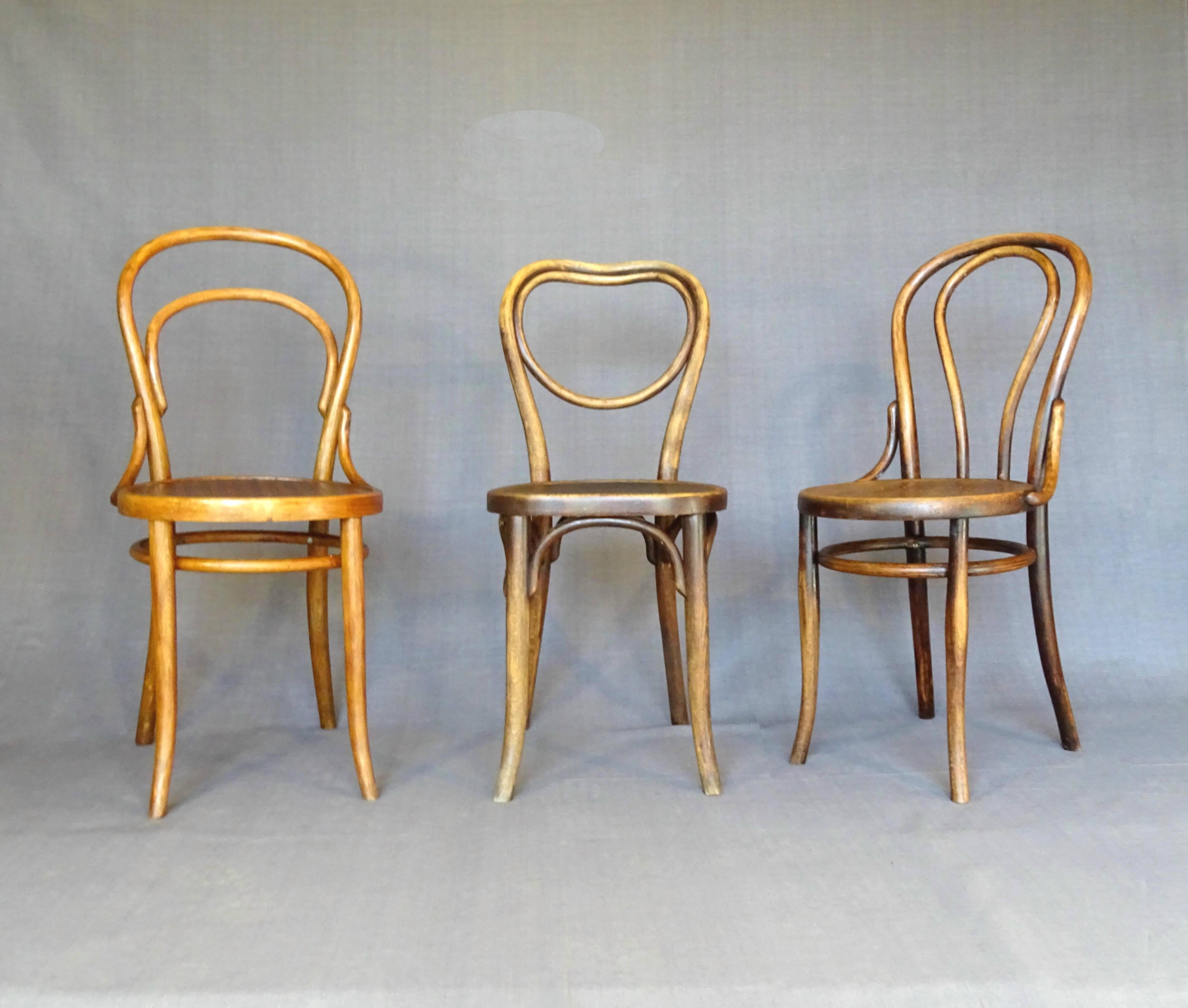 Set of 3 Bistro chairs with wooden seats, 1910 to 1920