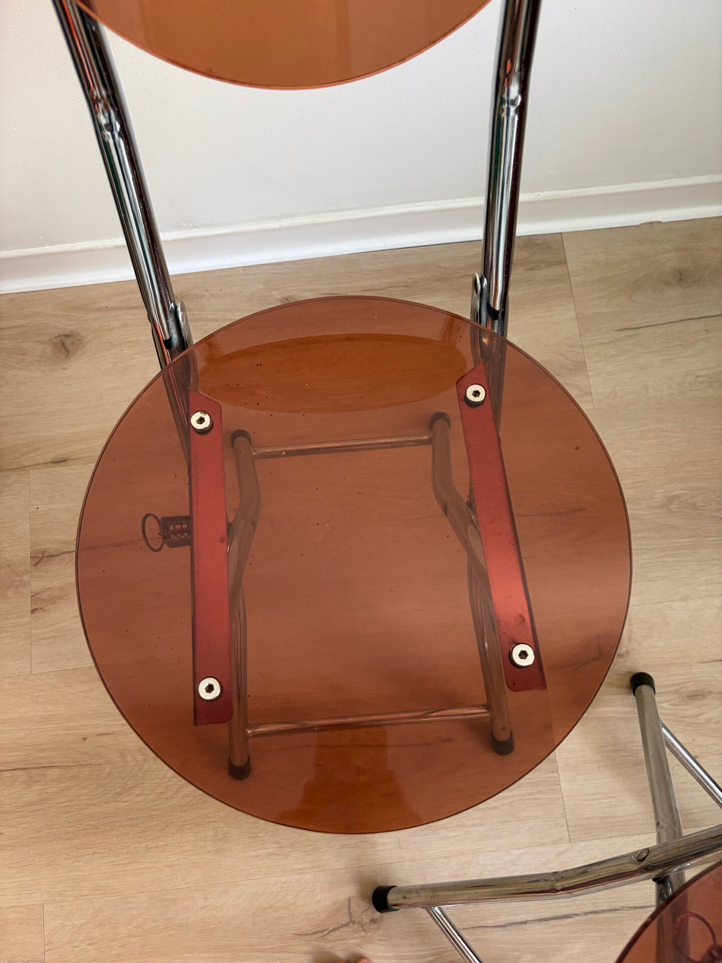 2 folding chairs Space Age plexiglass/steel round back/seat 1980s