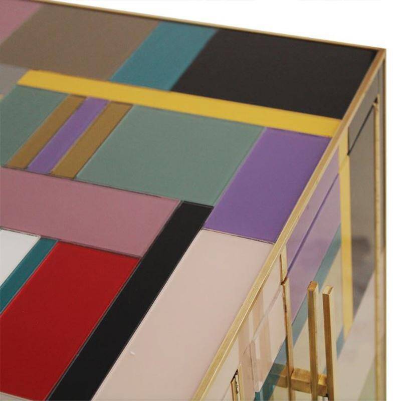 Mid-Century Style Sideboard, Newly Retrofitted in Colored Glass an Brass, Italy