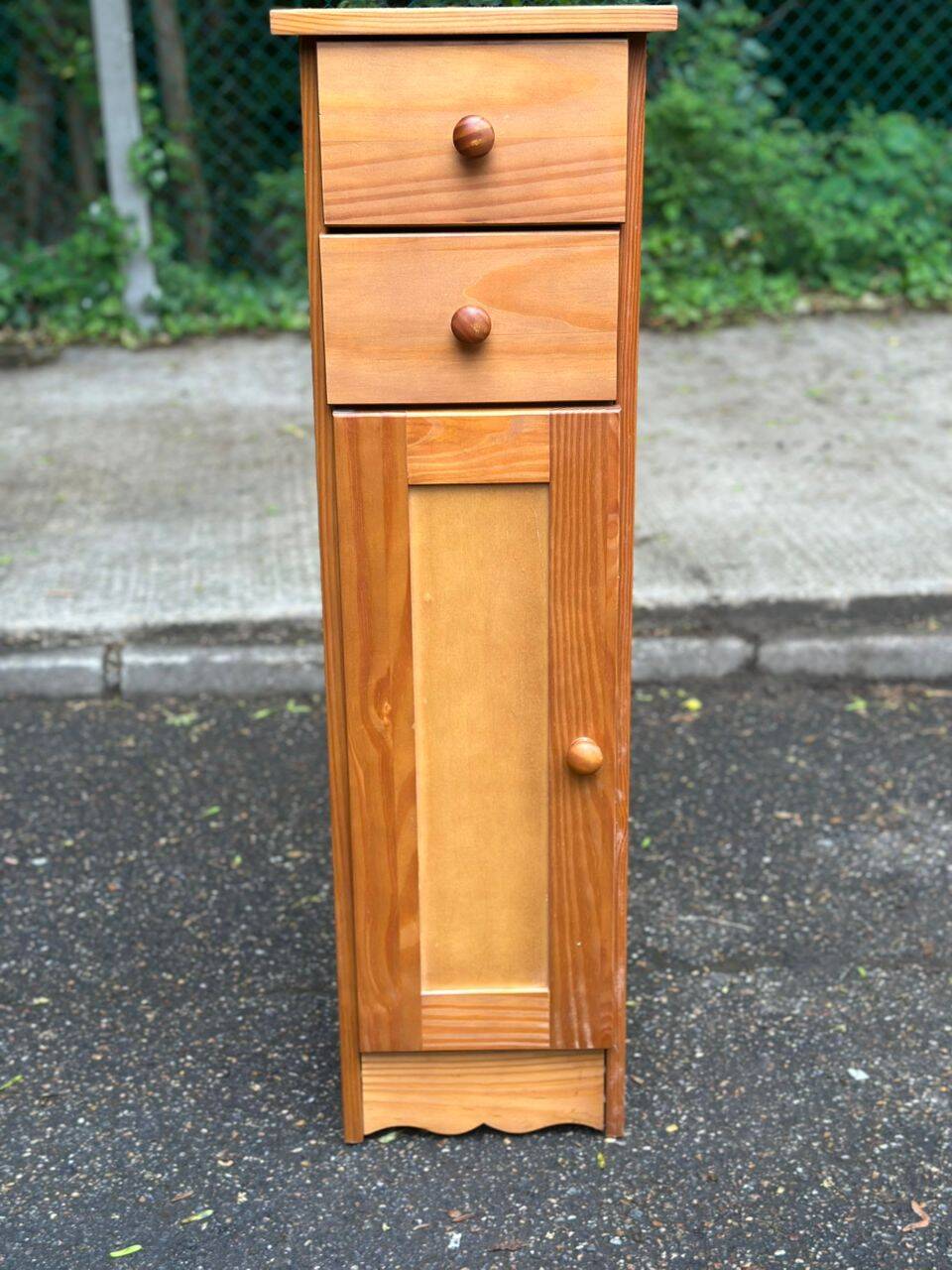 Narrow solid wood bedside table 1980