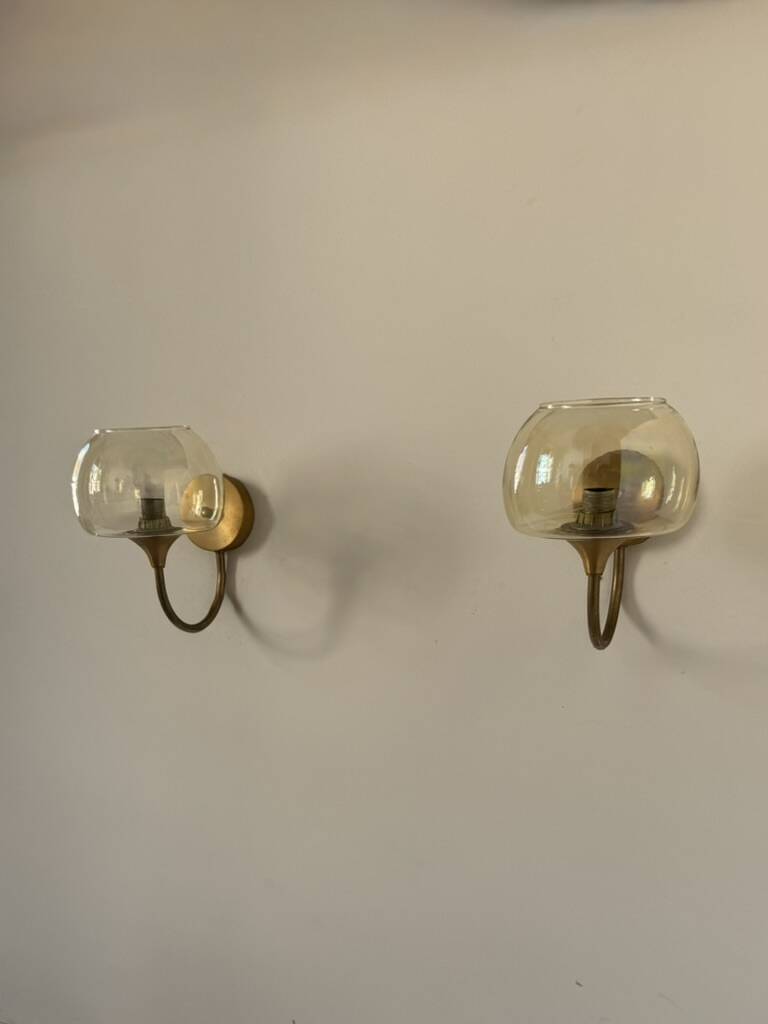 Pair of vintage wall lights in brass and smoked glass, France, 1970.