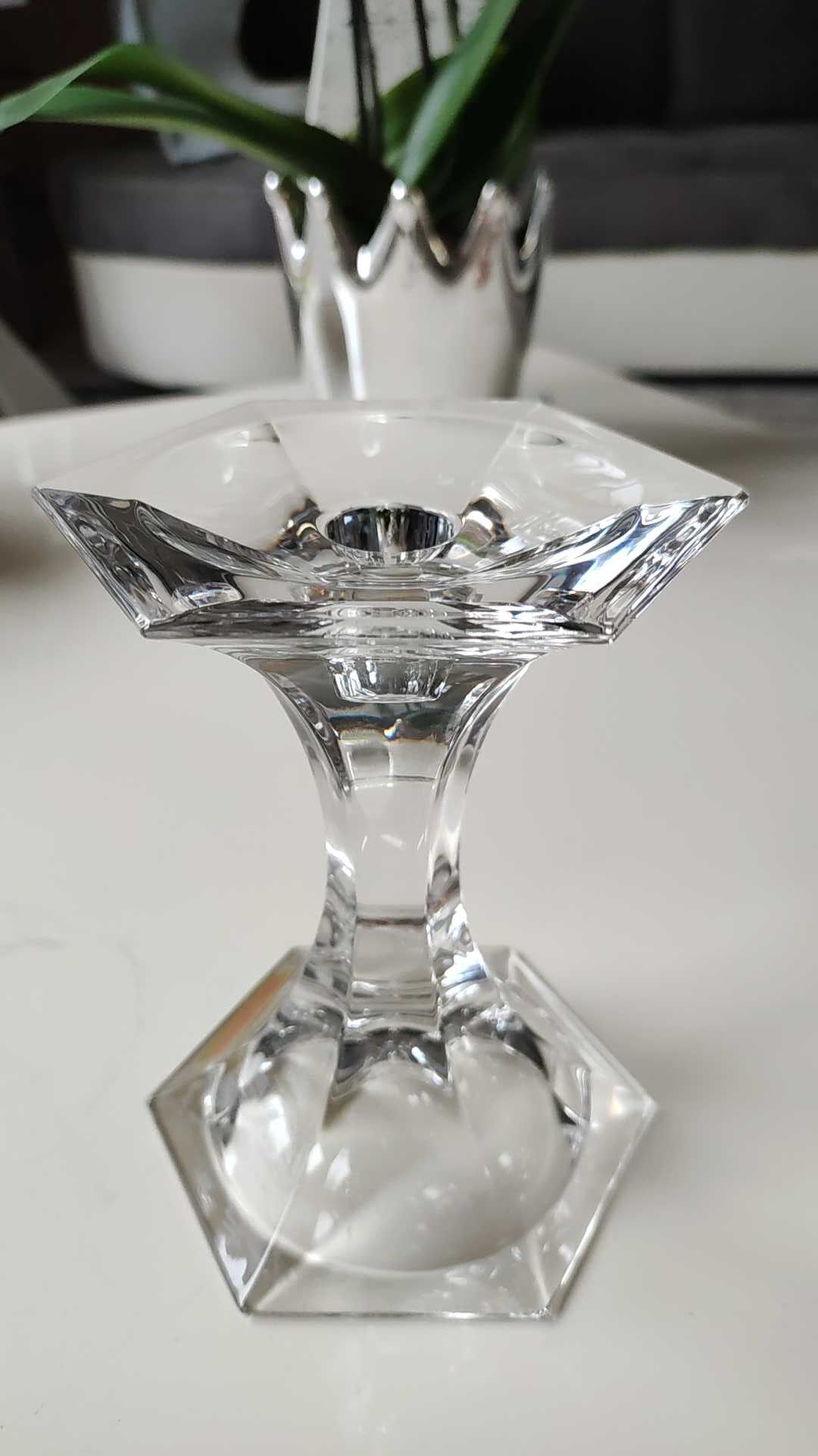 Torch candle holder in finely cut hexagonal crystal labeled Nachtmann