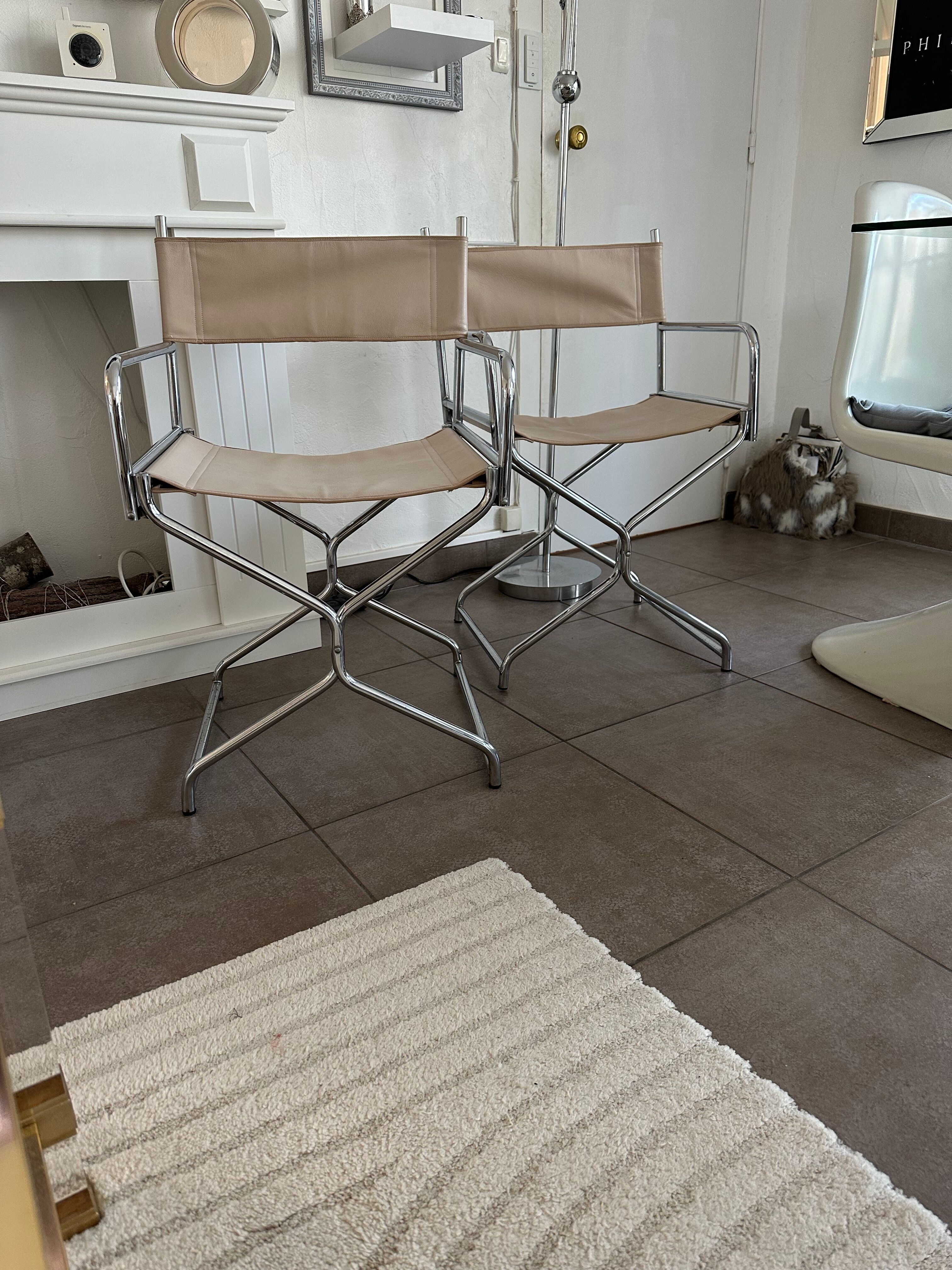 Chaise fauteuil vintage metteur en scène chrome & cuir beige