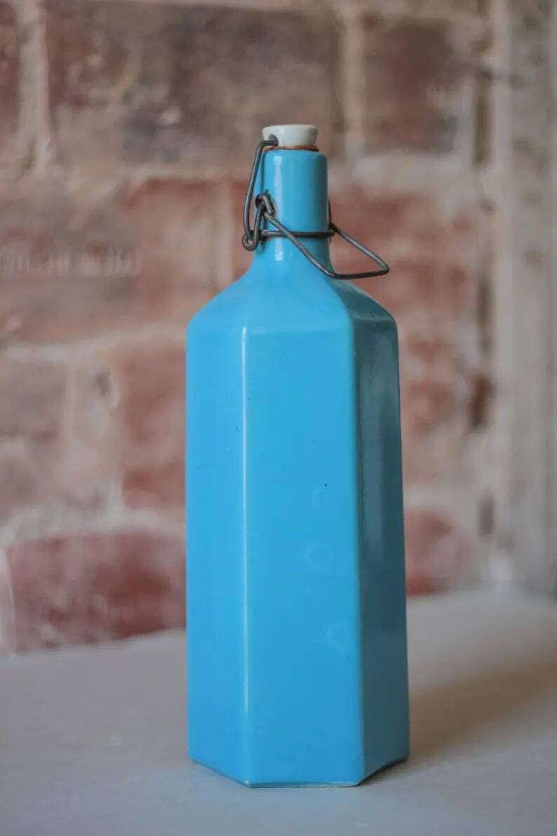 Bouteille de limonade en grès vernissé bleu , grès d'Alsace, poterie, collection