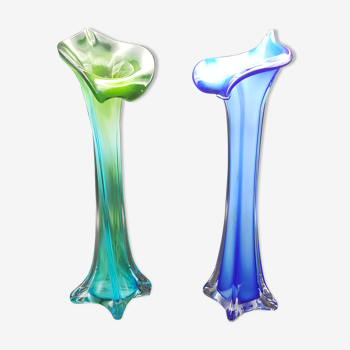 pair of blown glass vases green and blue soliflore