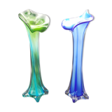 pair of blown glass vases green and blue soliflore