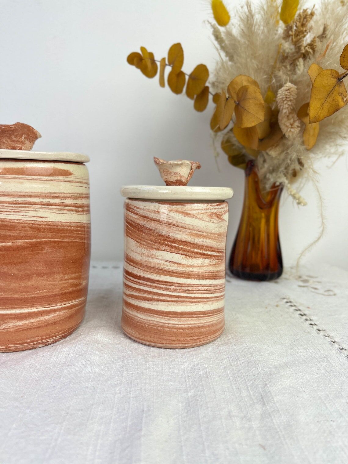 Set of 3 artisanal ceramic boxes signed Oupi Kiri vintage 50s