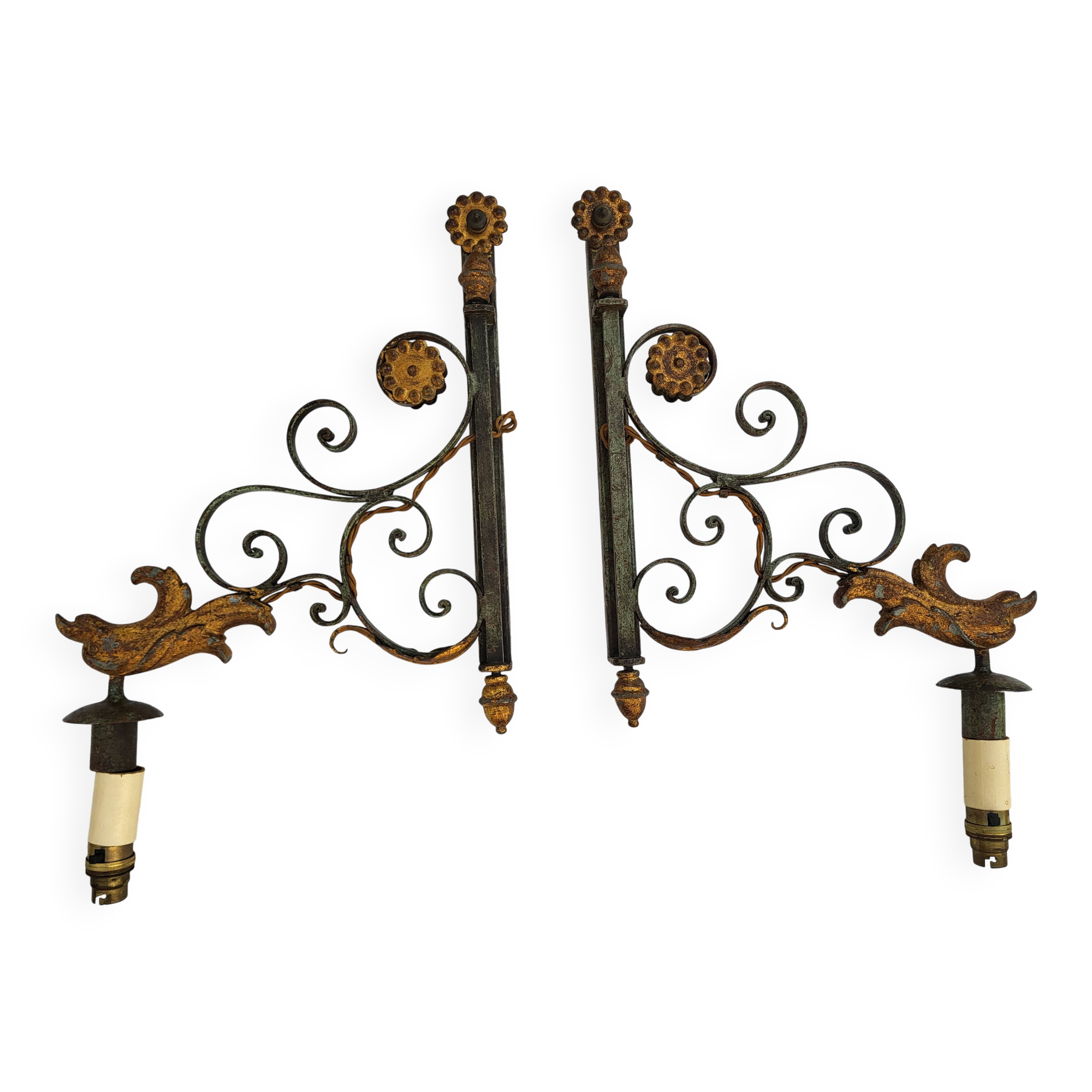 Pair of antique gilded wrought iron wall sconces with eagle heads