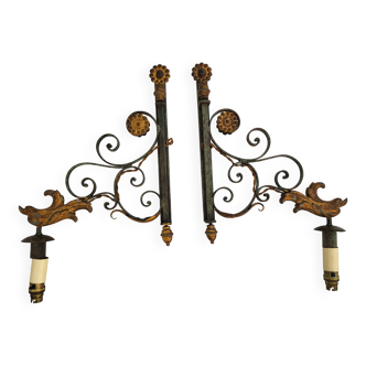 Pair of antique gilded wrought iron wall sconces with eagle heads