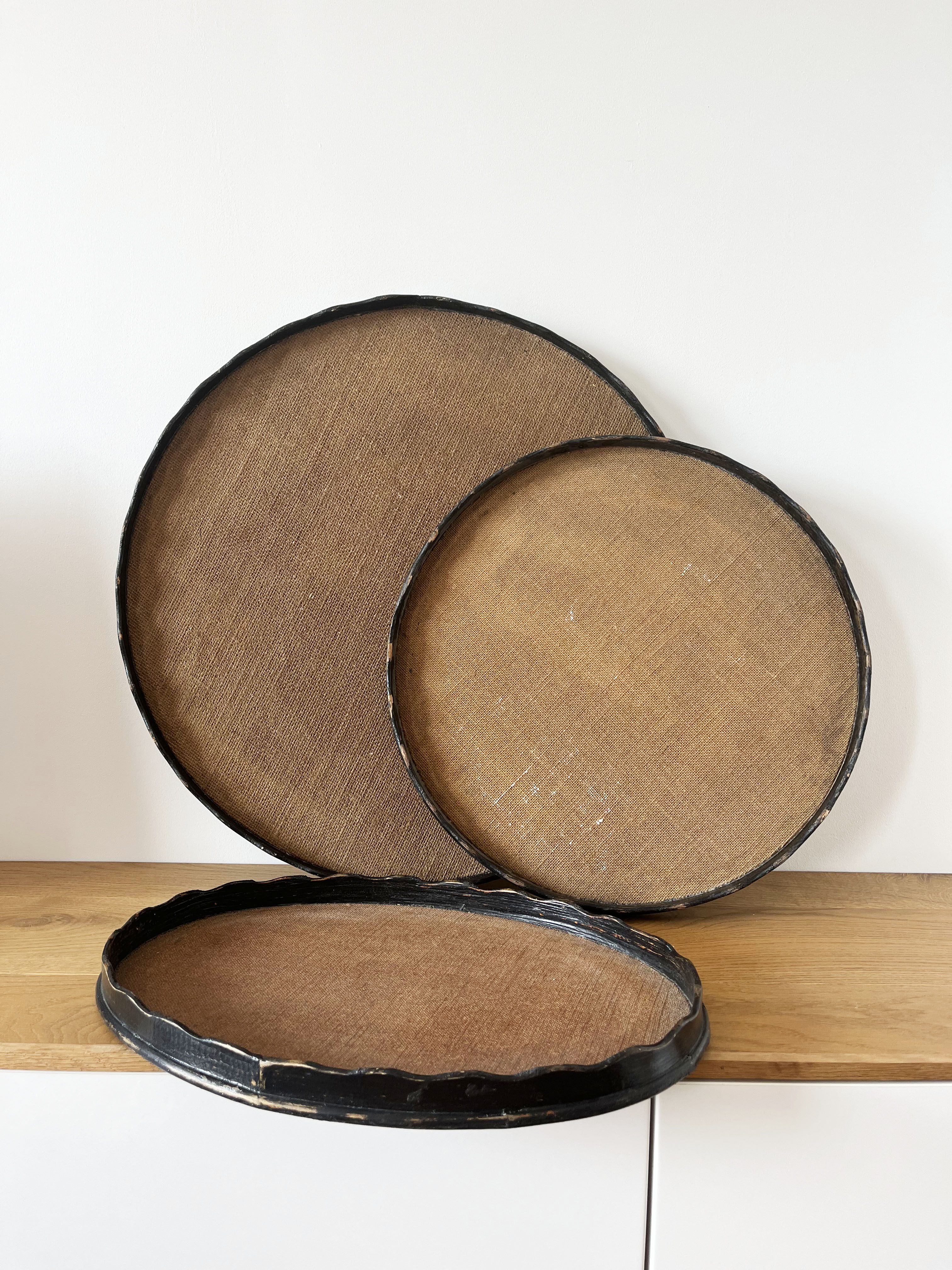 Set of 3 large vintage patinated wooden trays