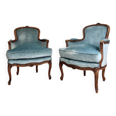 Paire de fauteuils en bergère Louis XV - velours bleu clair
