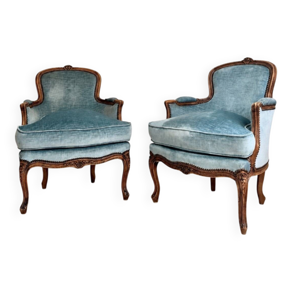 Paire de fauteuils en bergère Louis XV - velours bleu clair