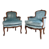 Pair of Louis XV bergère armchairs - light blue velvet