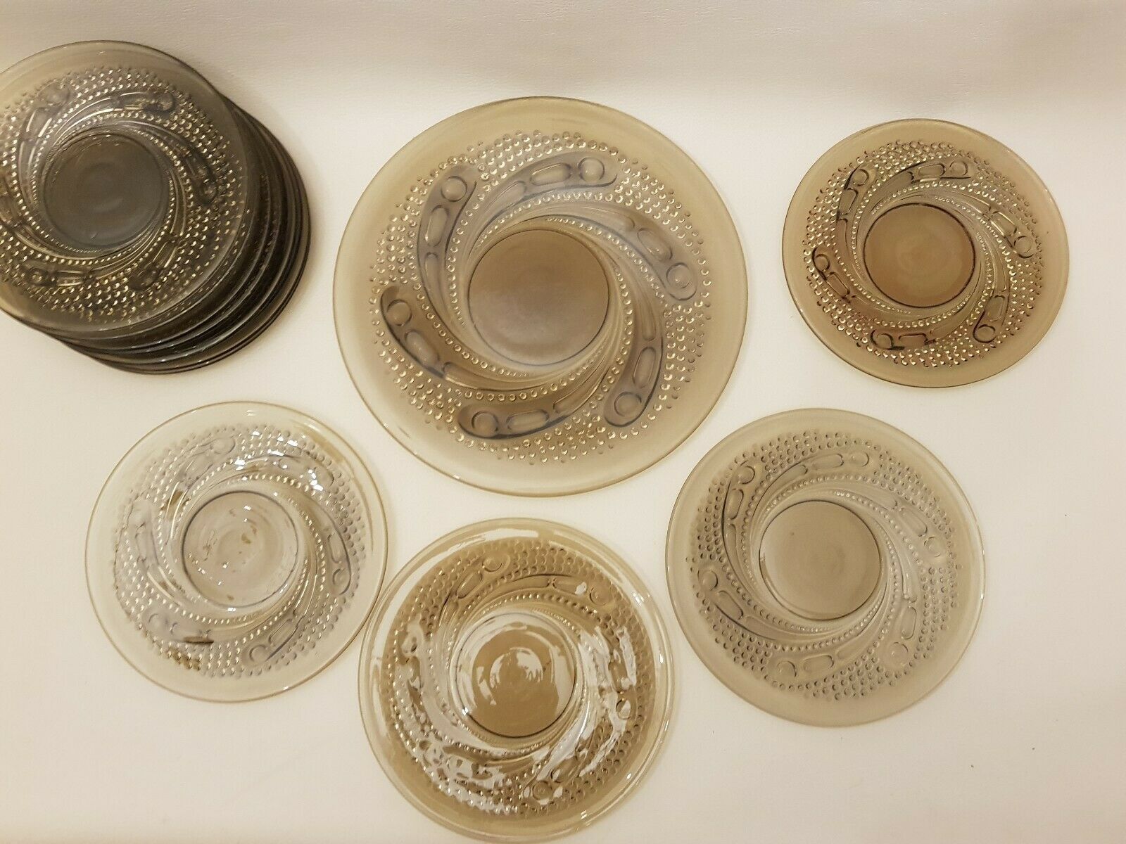 Dessert service 12 plates and vintage space age smoked glass dish