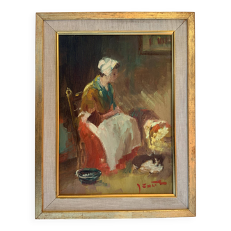 Vintage Small Oil Painting Woman Portrait 1950s