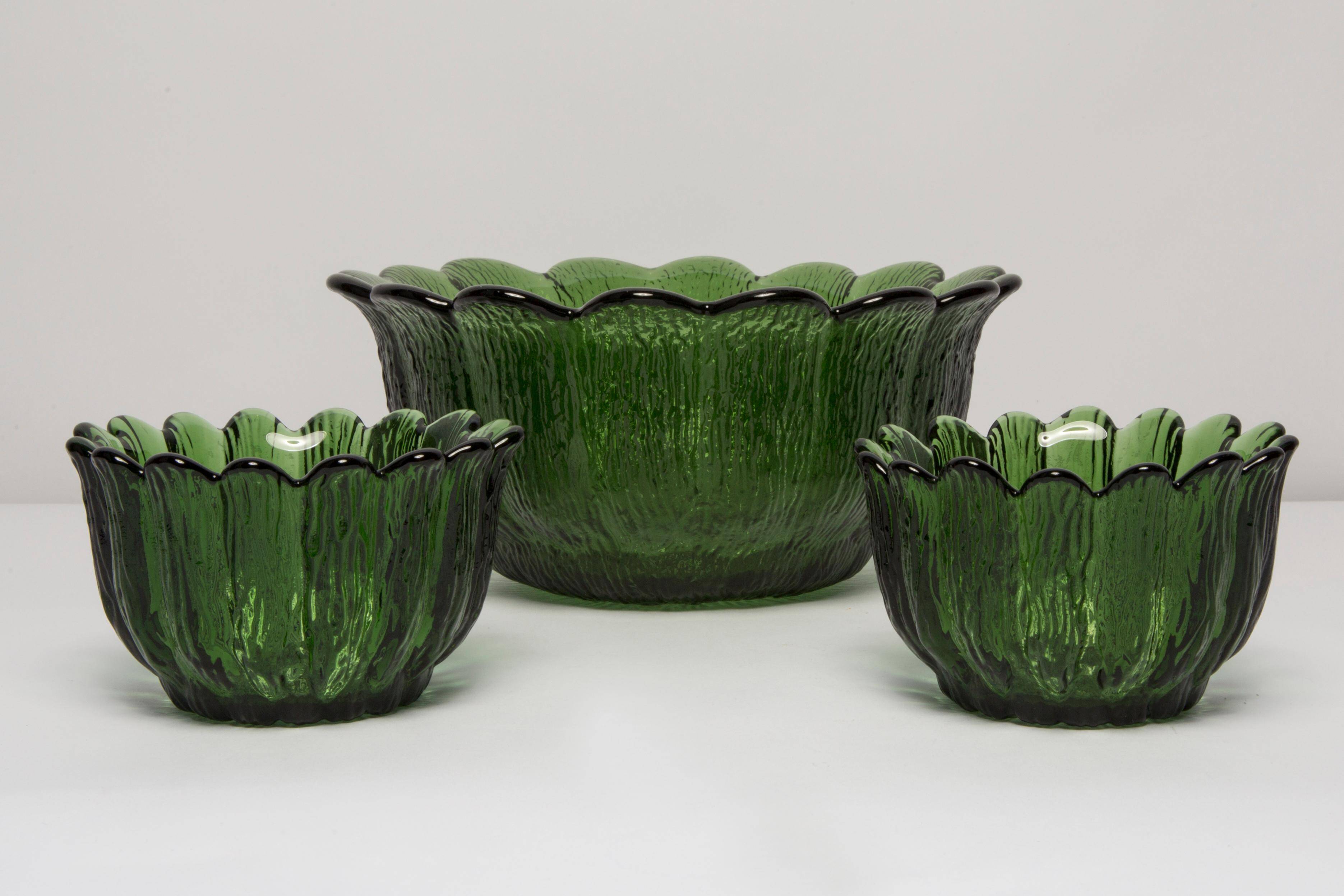 Ensemble de Trois Bols en Cristal Vert Milieu du Siècle, Italie, Années 1970