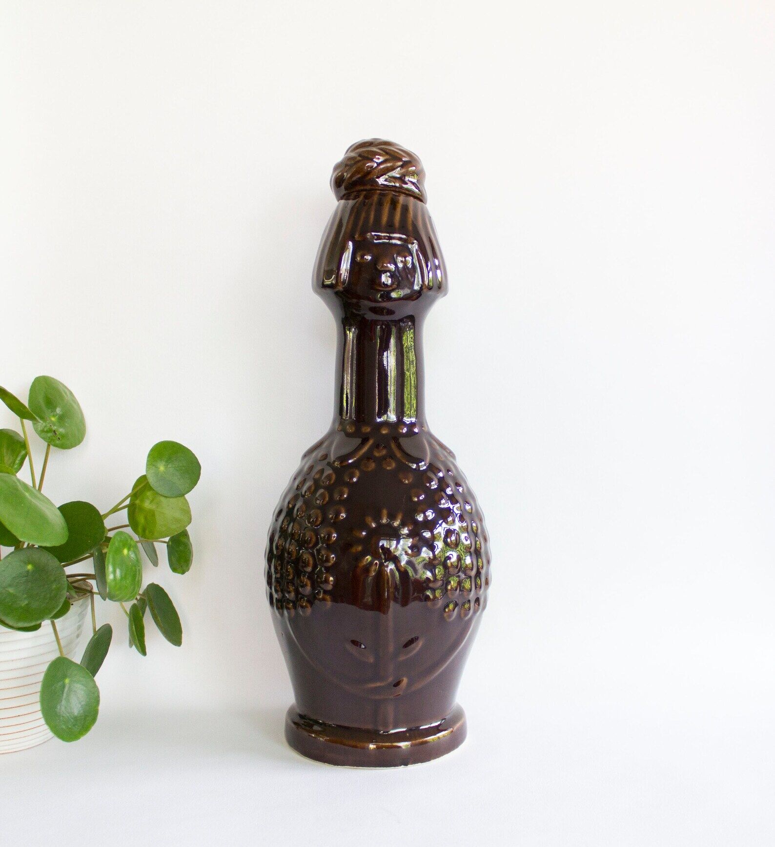 Vintage brown glazed stoneware bottle / decanter