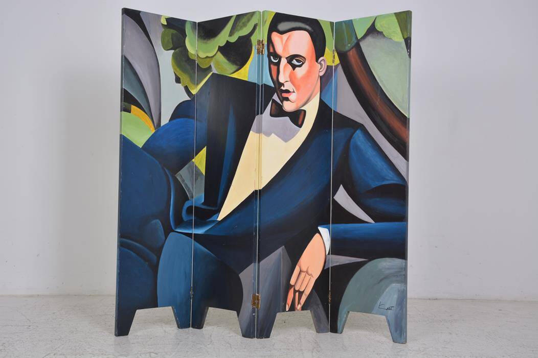 Vintage screen made up of 4 wooden panels reproducing the painting by tamara de lempicka 1925.