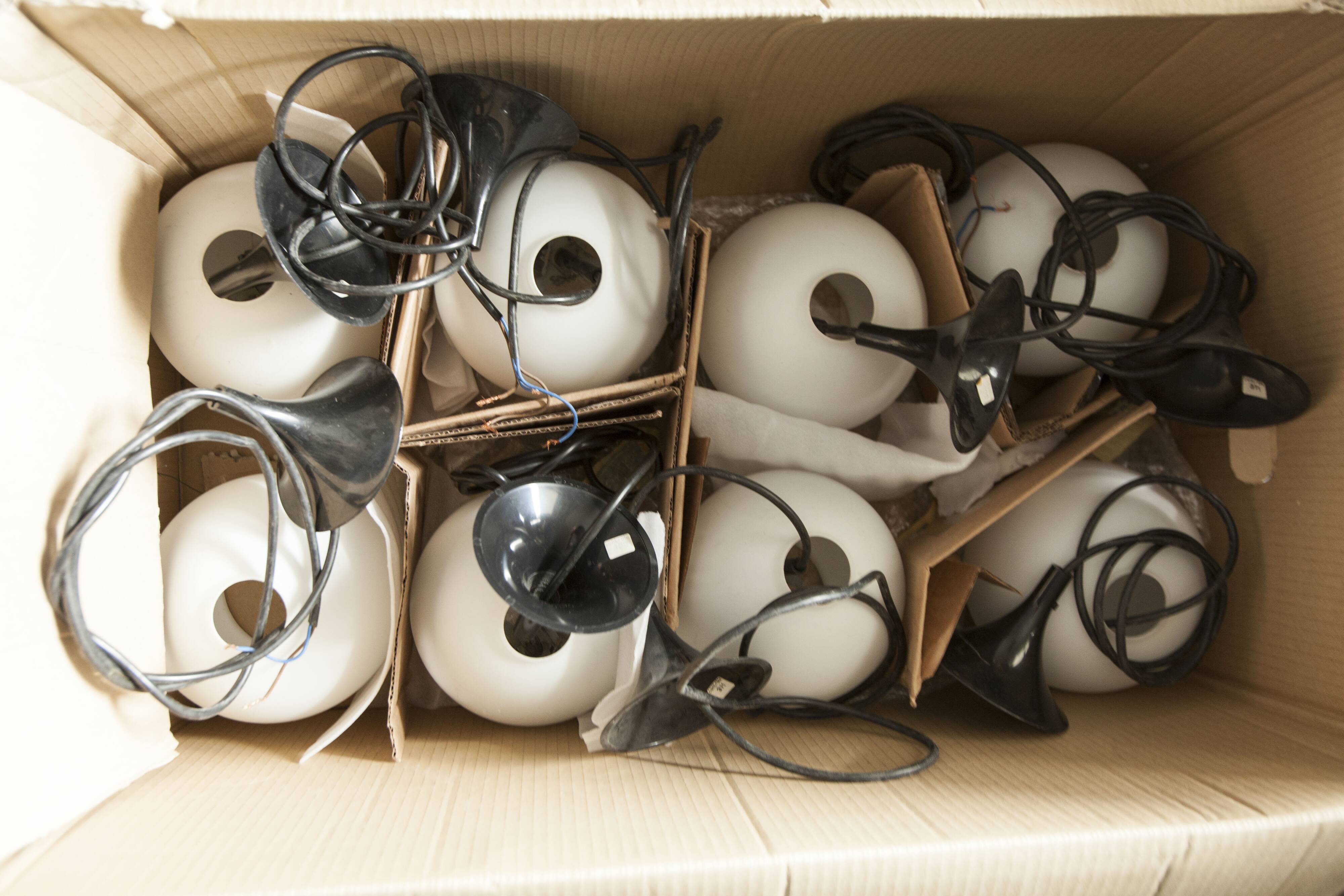 1970 white opaline tulip cone pendant lights (6 available)