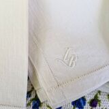 10 Mouchoirs anciens en fil de lin- Petit Monogramme brodé main