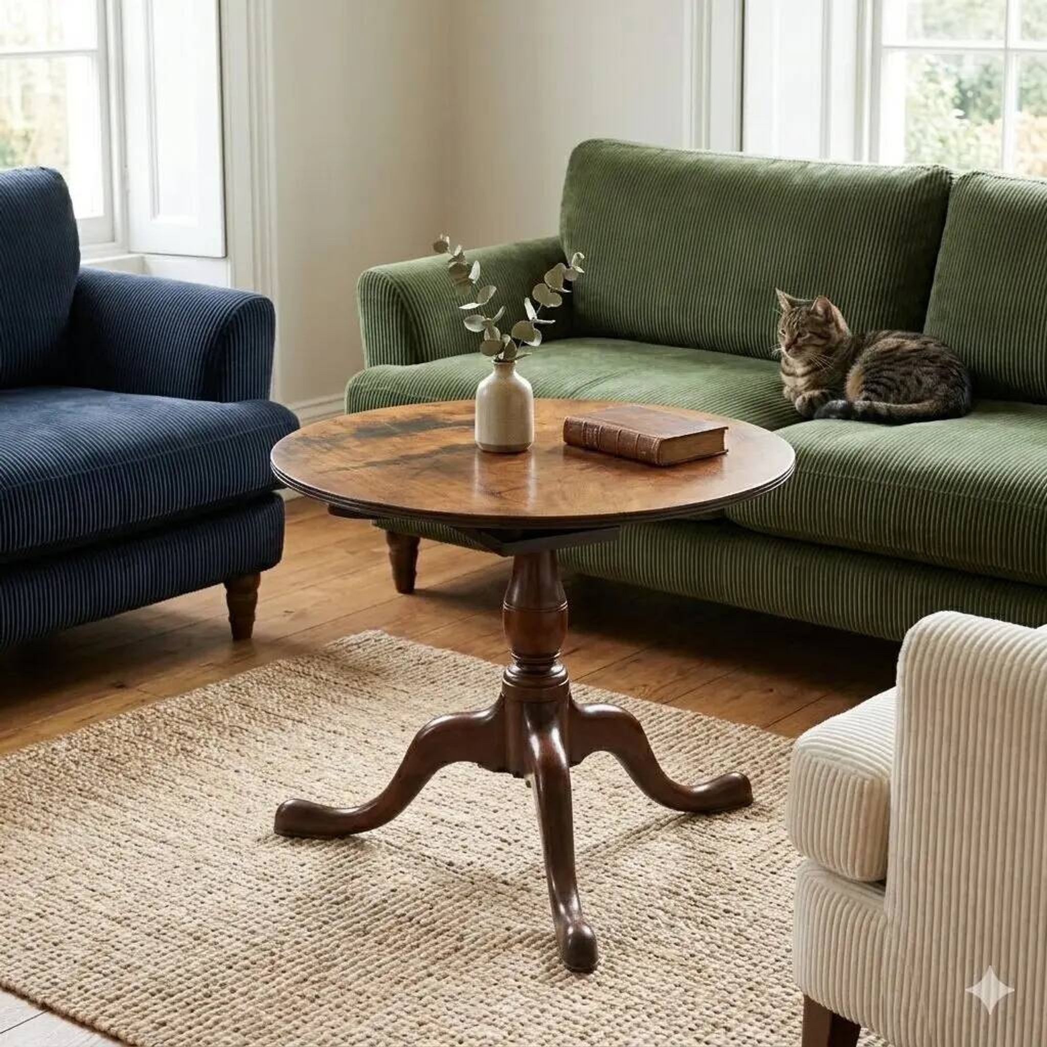 Small antique walnut table with a round top, United Kingdom, 19th century.