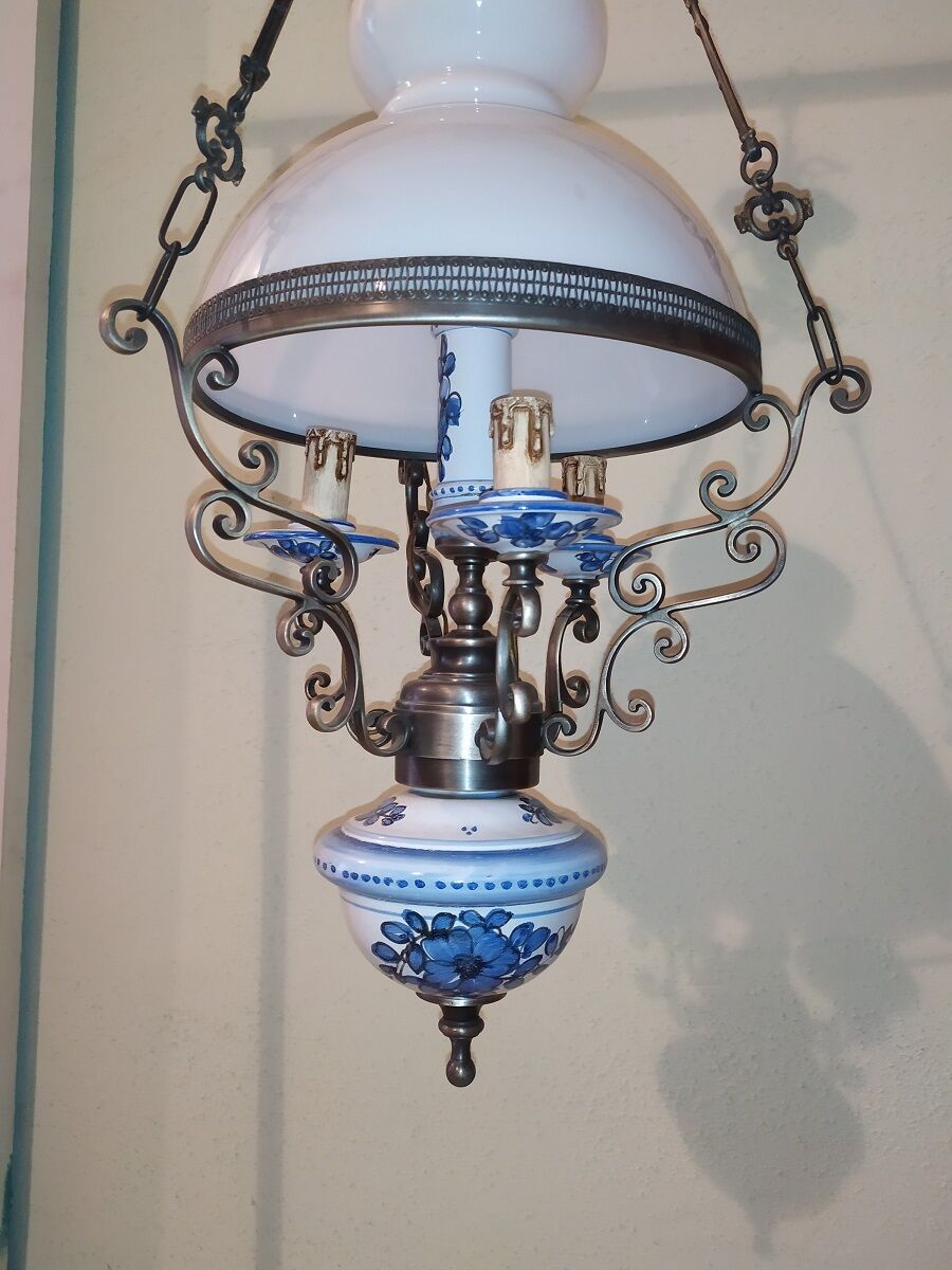 Opaline white porcelain blue 3 branch hanging lamp