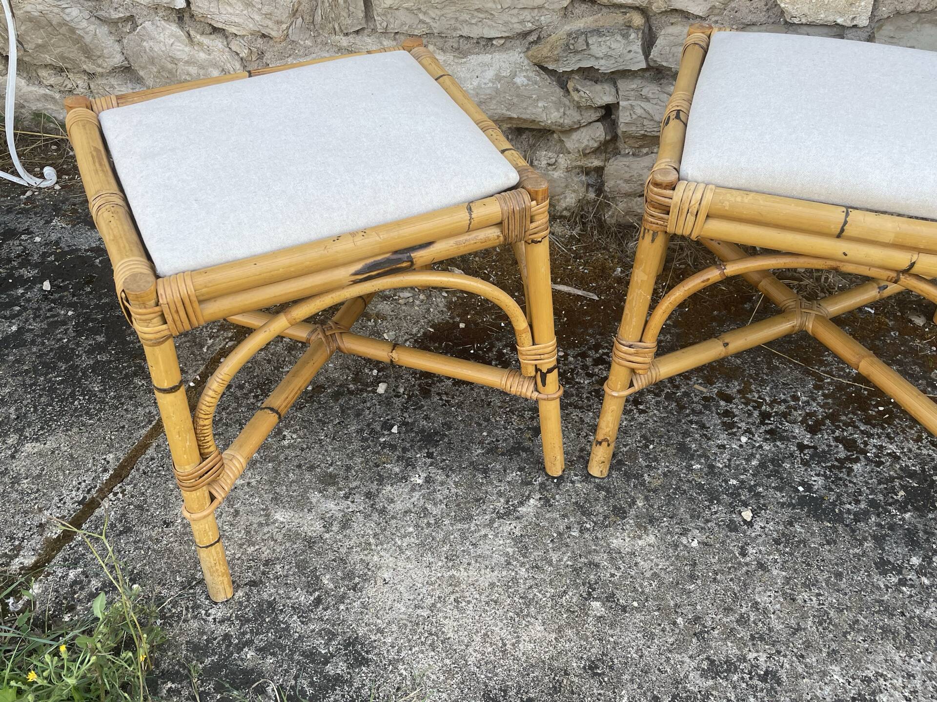 4 tabourets vintage bambou et rotin – années 60/70