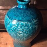 Vase grès émaillé bleu turquoise décor floral