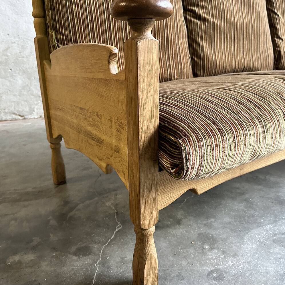 1950s brutalist oak and velvet throne-like sofa