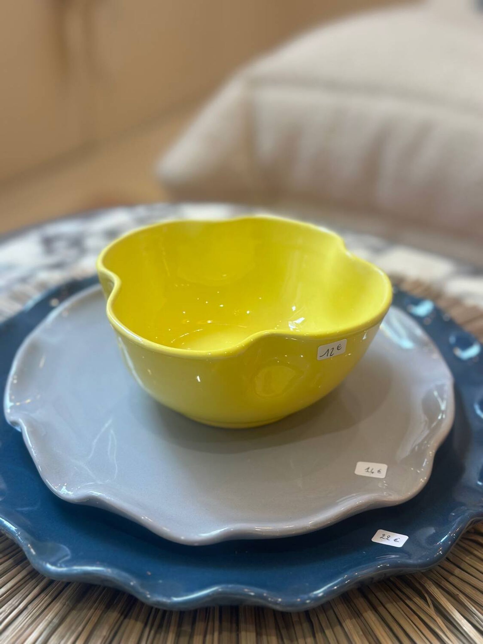 Handmade enameled ceramic bowl, lemon yellow pop clover flower