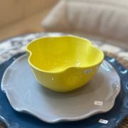 Handmade enameled ceramic bowl, lemon yellow pop clover flower
