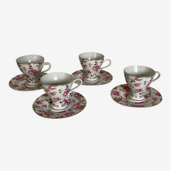 4 tea cups and saucers in shabby pink porcelain